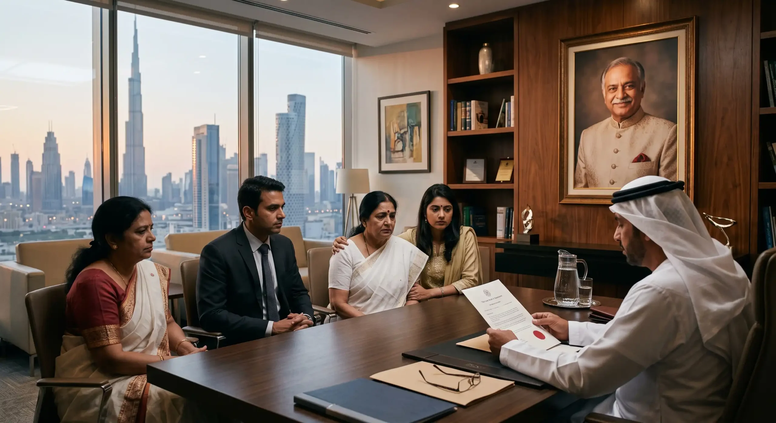 A solicitor reads a will to an expatriate family gathered inside a luxury Dubai office featuring a stunning skyline view