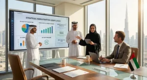 Professionals discuss UAE workforce data and Emiratisation compliance in a Dubai office.