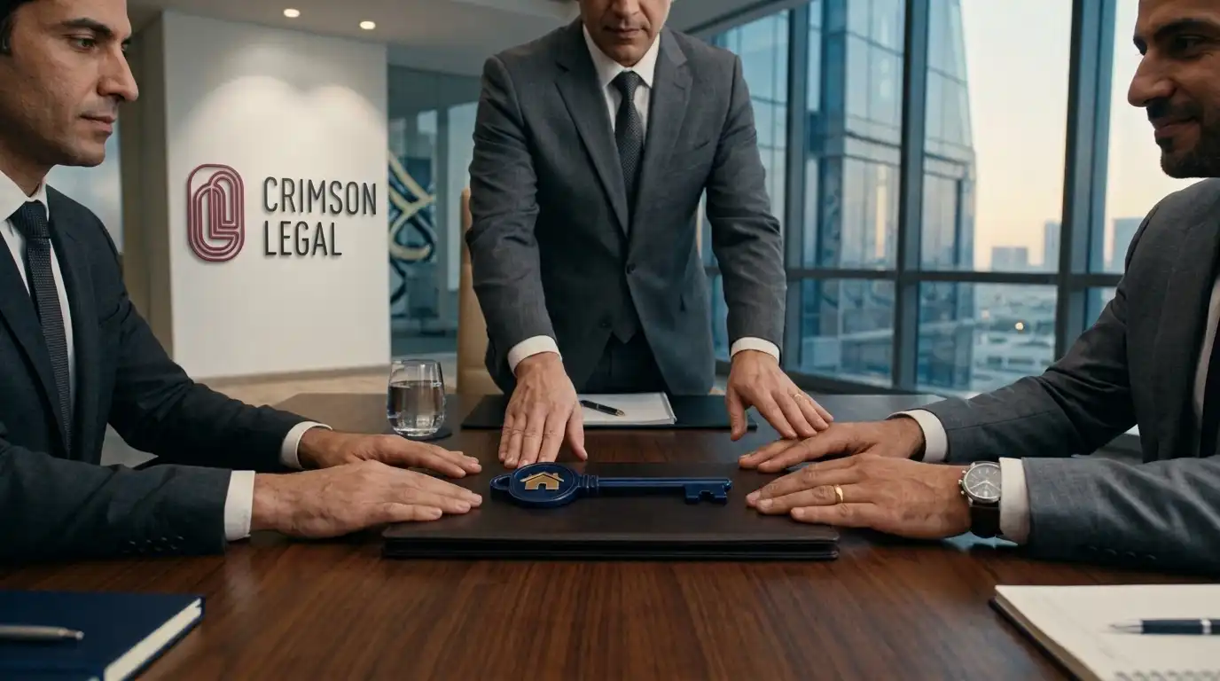 Three men in suits gather around a conference table at Crimson Legal, hands reaching for a large blue house key.