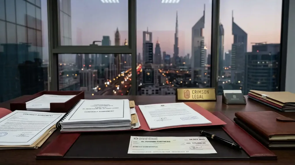a lawyer's desk with legal documents, a cheque, and a pen, UAE skyline visible through office window in soft focus, deep red and grey colour tones