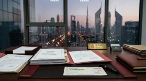 a lawyer's desk with legal documents, a cheque, and a pen, UAE skyline visible through office window in soft focus, deep red and grey colour tones