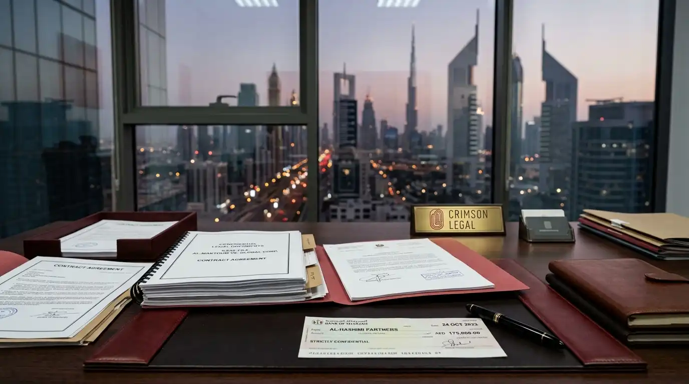 a lawyer's desk with legal documents, a cheque, and a pen, UAE skyline visible through office window in soft focus, deep red and grey colour tones