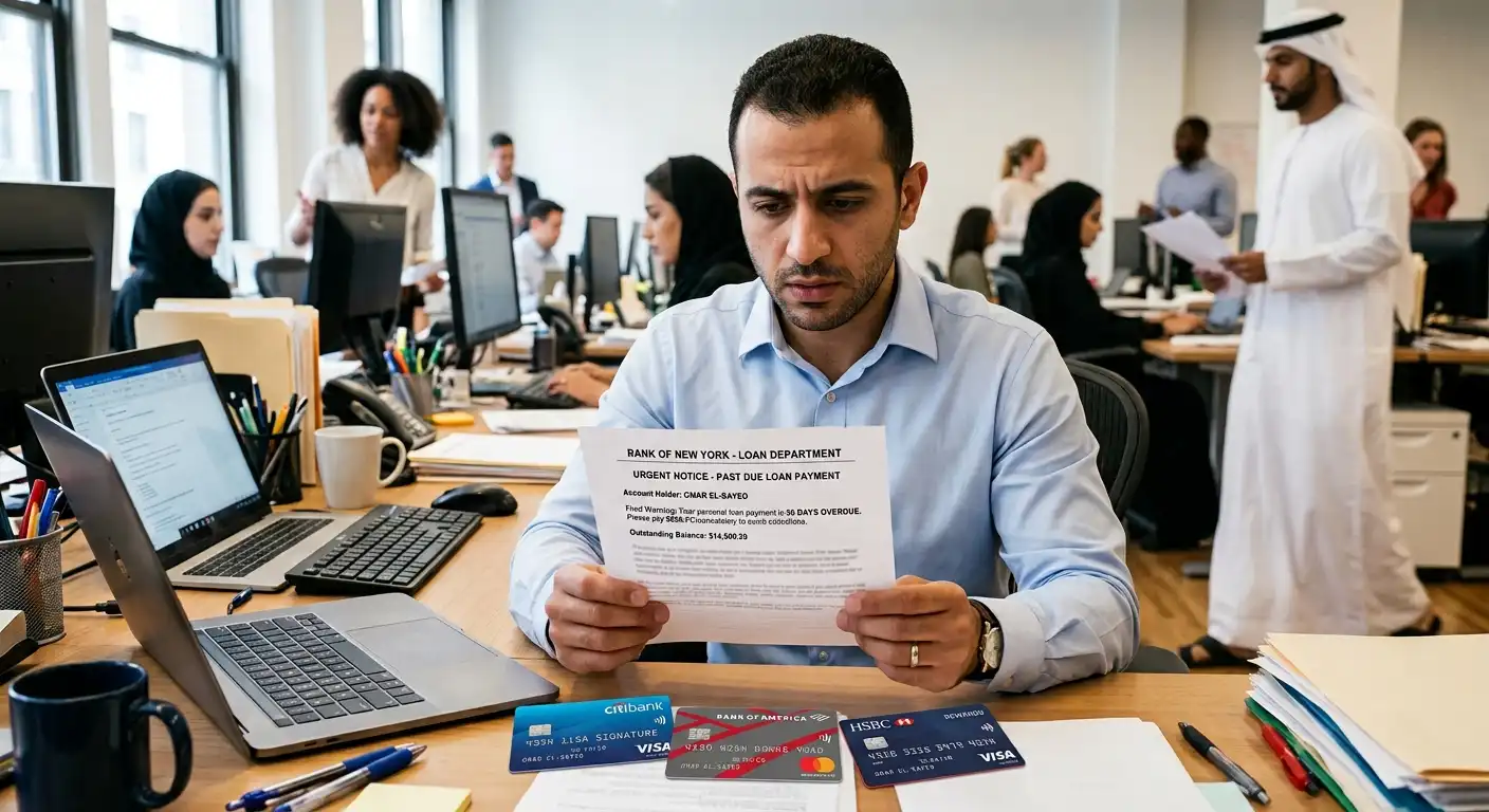 a worried man reads a loan notice in a busy office, with laptops and credit cards around in UAE company