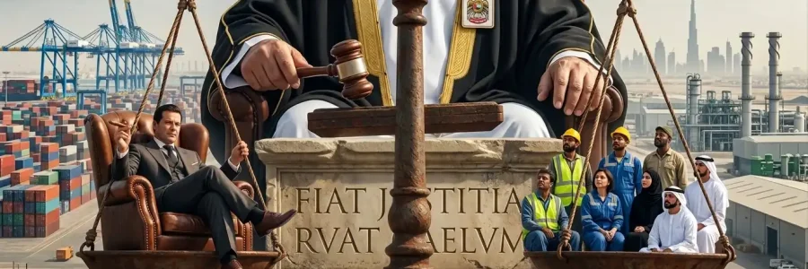 A giant Emirati judge balances a rich businessman against diverse workers on large scales in the Jebel Ali industrial area