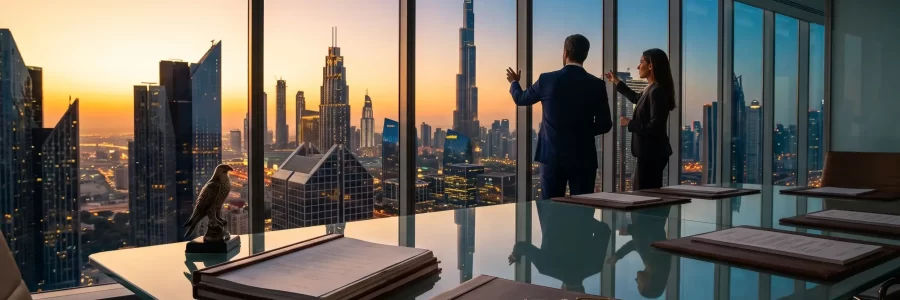 A global company representative discussing the relocation of the companys headquarters to the United Arab Emirates with a lawyer from Crimson Legal
