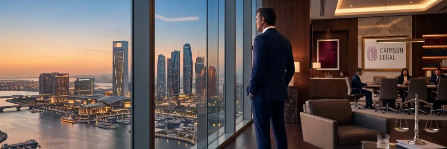 A high-end cinematic wide shot of a luxury corporate law firm office inside a skyscraper