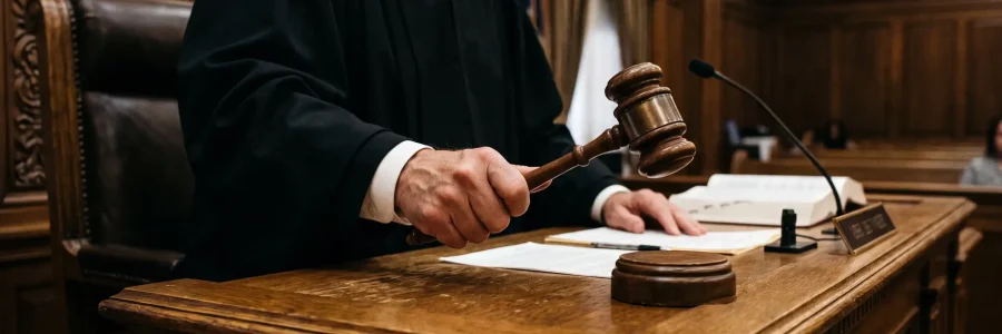 A judge in a black robe sits at a wooden courtroom bench, holding a wooden gavel.