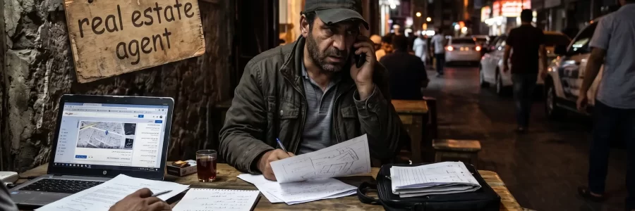 A man works as unlicensed real estate agent at a table on a busy night street, talking on phone and writing.