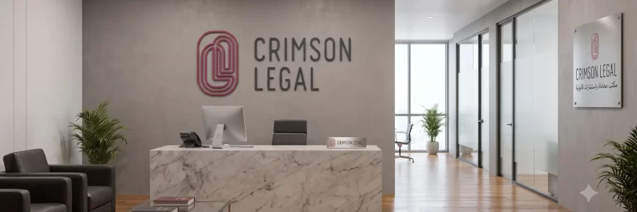 A modern, empty office reception with marble desk and empty waiting area, featuring the CRIMSON LEGAL logo on the wall.