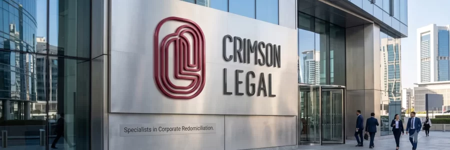 A professional exterior view of Crimson Legal, with a prominent sign clearly identifying their specialization in corporate redomiciliation