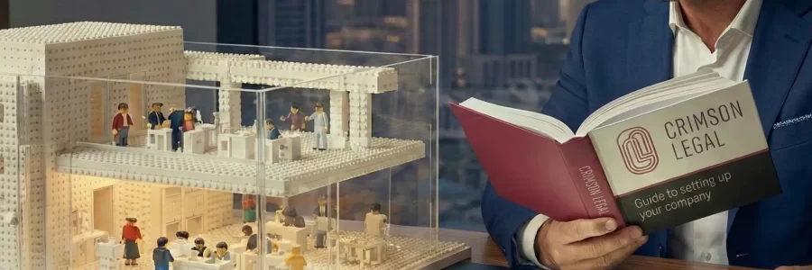 A professional man reads Crimson legal guide beside an architectural block model and illuminated blueprint