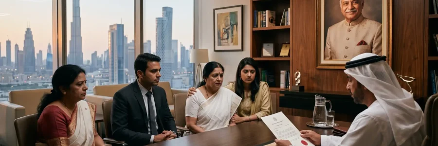 A solicitor reads a will to an expatriate family gathered inside a luxury Dubai office featuring a stunning skyline view