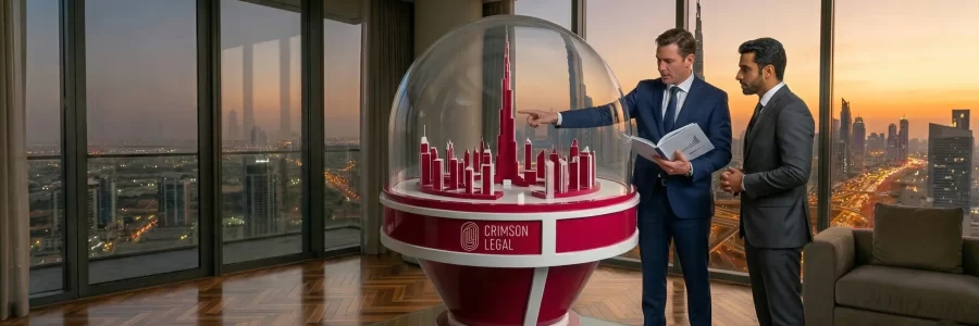 Crimson Legal executives collaborate over a large holographic map of Dubai within a futuristic city office at sunset.
