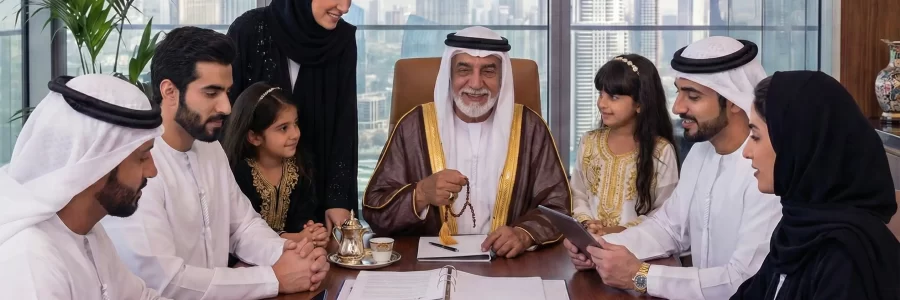 Gathers an Emirati family manage their business with their patriarch in a modern office overlooking Dubai's skyline.