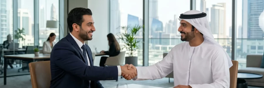 Handshake between an Emirati and a suited man across a conference table with documents, representing an official Crimson Legal business agreement