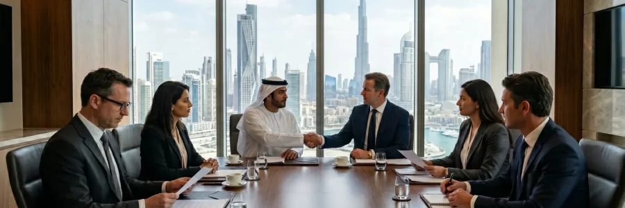 Investors and Crimson Legal lawyers shake hands, sealing a major deal in a Dubai boardroom overlooking Burj Khalifa.