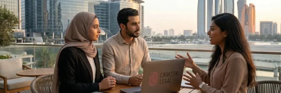 Professionals collaborate on data analysis at Crimson Legal, a modern coffee with a city view.
