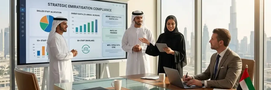 Professionals discuss UAE workforce data and Emiratisation compliance in a Dubai office.