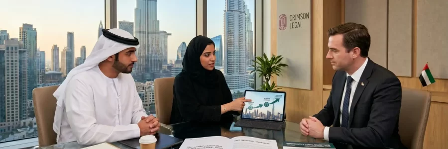 Professionals discuss legal agreements in a Dubai high-rise office with Burj Khalifa views at Crimson Legal the best business lawyer Abu Dhabi