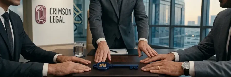Three men in suits gather around a conference table at Crimson Legal, hands reaching for a large blue house key.