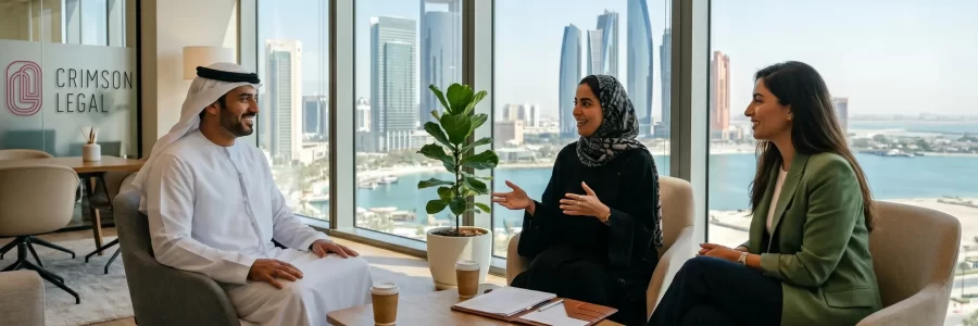 Three professionals converse in a bright Abu Dhabi office displaying the Crimson Legal glass logo.