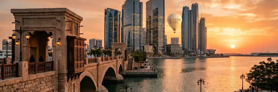 Traditional and modern Abu Dhabi blend at sunset under a Crimson Legal balloon, illustrating UAE Legal Defense and Corporate Strategy.