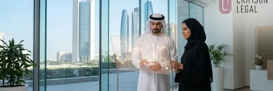 Two Emirati professionals at CRIMSON LEGAL explore an advanced AI application in a modern office.