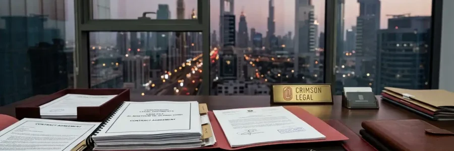 a lawyer's desk with legal documents, a cheque, and a pen, UAE skyline visible through office window in soft focus, deep red and grey colour tones